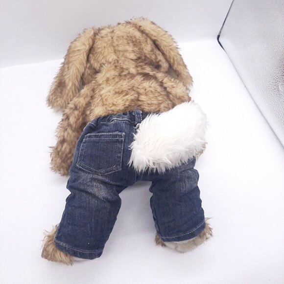 Build-A-Bear Hop Brown Fluffy Bunny Plush Wearing Denim Jeans White Tail - Picture 2 of 3